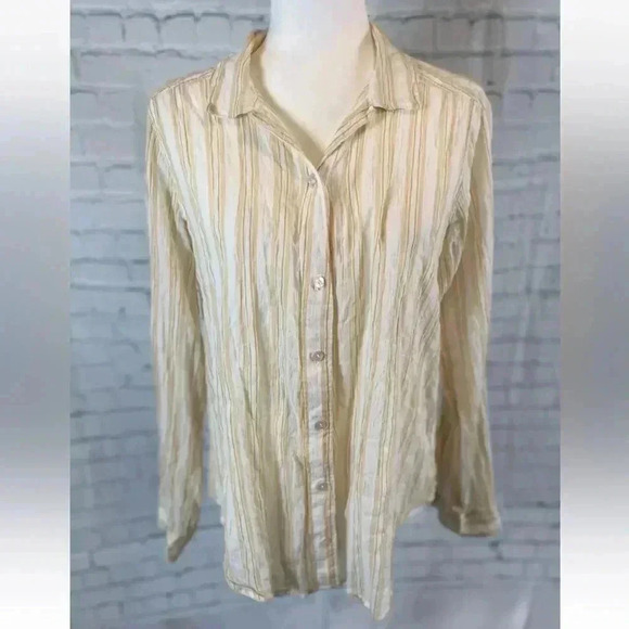 Abercrombie & Fitch Woman’s L Long Sleeve Crinkle Top Yellow White Button shirt - Picture 14 of 14